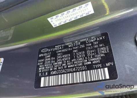 2017 Hyundai Tucson Sport из США, поврежденный, VIN KM8J33A2XHU472591